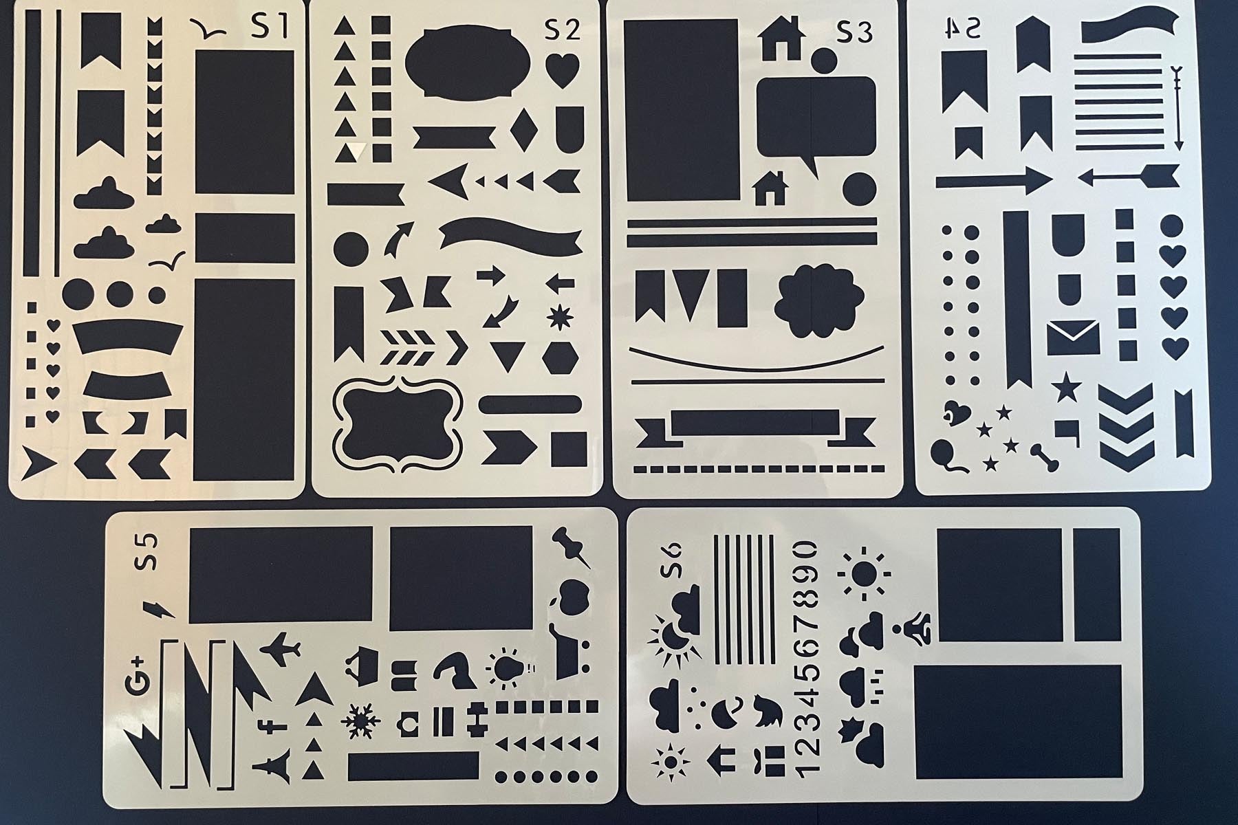 Set of 6 assorted Journalling Stencils - Set 1 - for paper crafts -  CutCardStock