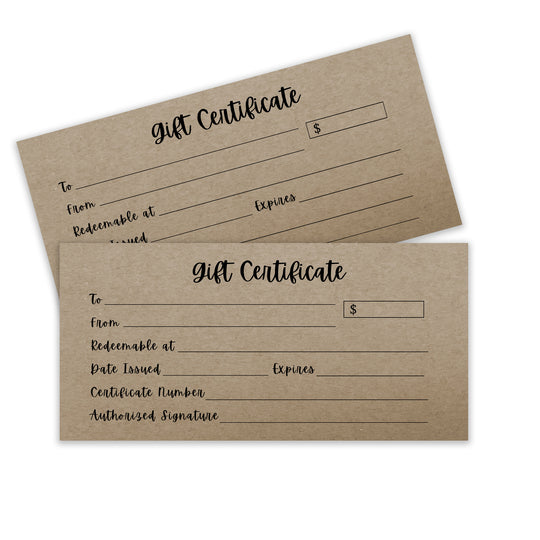 Pre-Printed Gift Certificates on Discount Card Stock - 50 pack
