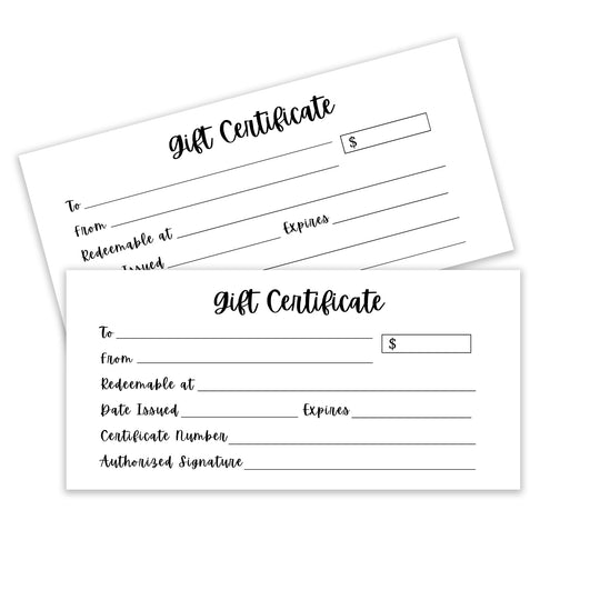 Pre-Printed Gift Certificates on Discount Card Stock - 50 pack